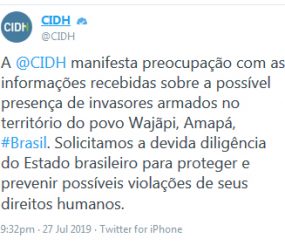 CIDH manifesta preocupação com os Waiãpi
