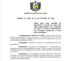 Covid -Governo do Amapá decreta toque de recolher. Veja a íntegra do decreto