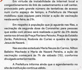 Covid – Nos drive-thur e quadra da Jesus de Nazaré segunda dose da Coronavac começa a ser aplicada as 21 horas de hoje em Macapá
